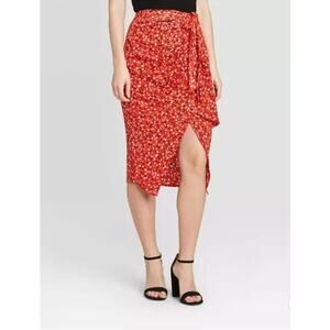 Who What Wear Floral Print Faux Tie Slip Midi Skirt Red Size 8
